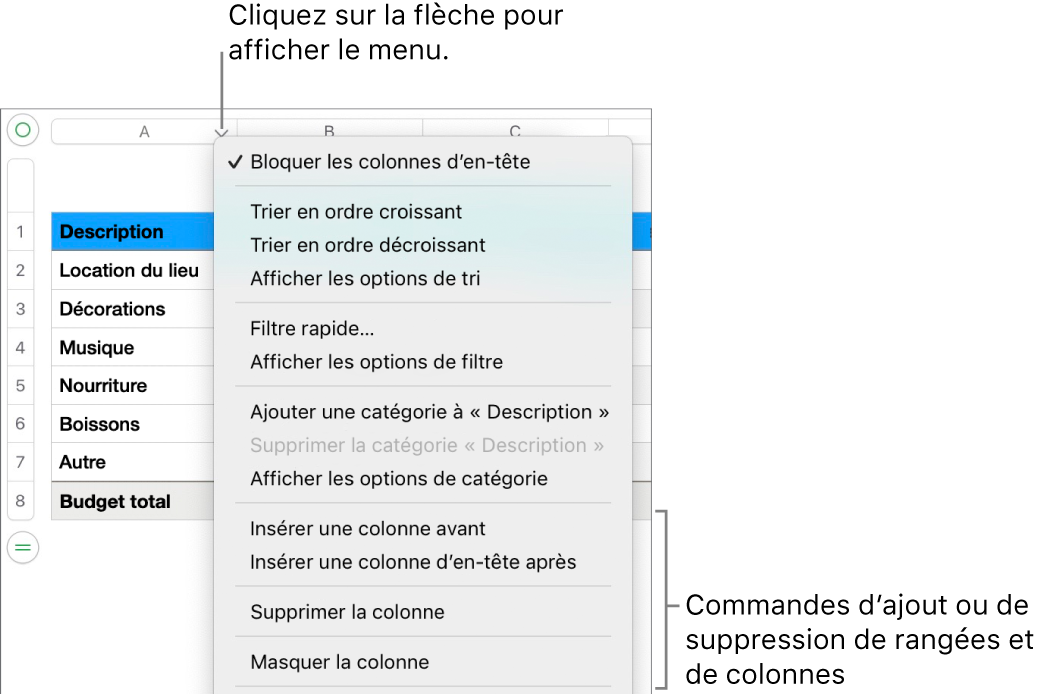 Le menu de colonne de tableau, avec des commandes permettant d’ajouter ou de supprimer des rangées et des colonnes