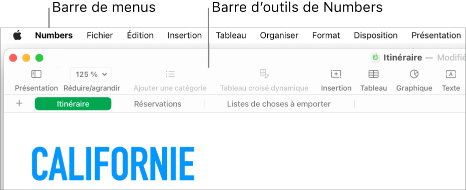 La barre de menus en haut de l’écran avec les menus Pomme, Numbers, Fichier, Édition, Insertion, Tableau, Organiser, Format, Disposition, Présentation, Fenêtre et Aide. Feuille de calcul Numbers ouverte sous la barre de menus avec, tout le long du bord supérieur, les boutons Présentation, Zoom, Ajouter une catégorie, Tableau croisé dynamique, Insérer, Tableau, Graphique et Texte.