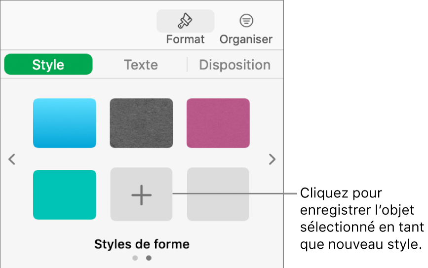 Onglet Style de la barre latérale Format avec quatre styles d’image, un bouton Créer un style et un paramètre fictif de style vide.