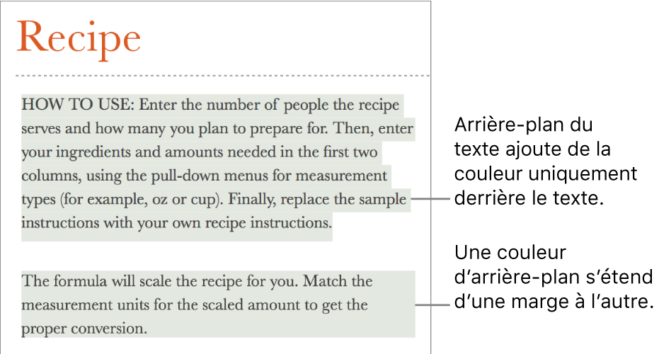 Un paragraphe avec de la couleur uniquement derrière le texte, et un autre avec un arrière-plan coloré allant d’une marge à l’autre pour créer un bloc.