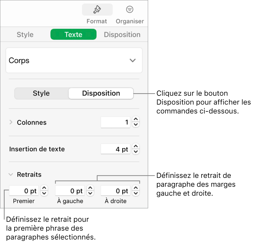 La section Disposition de la barre latérale Format, présentant les commandes définissant le retrait de première ligne et les marges de paragraphe.