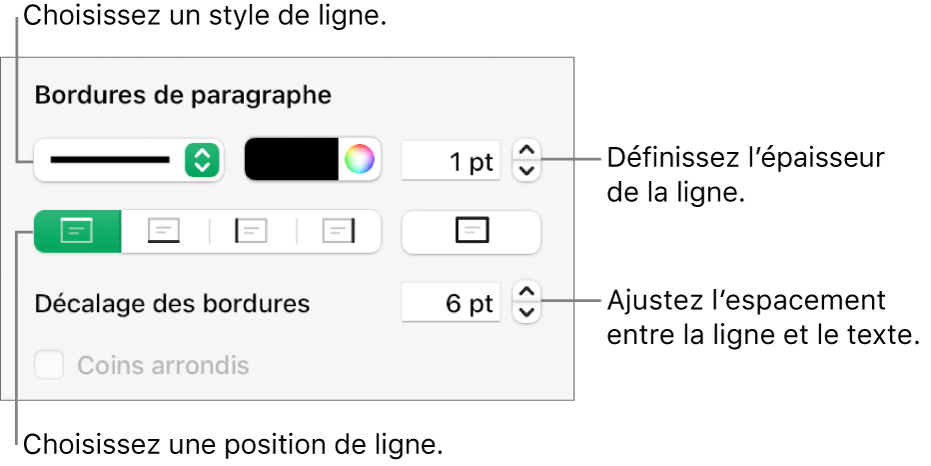 Commandes permettant de modifier le style, l’épaisseur, la position et la couleur de la ligne.