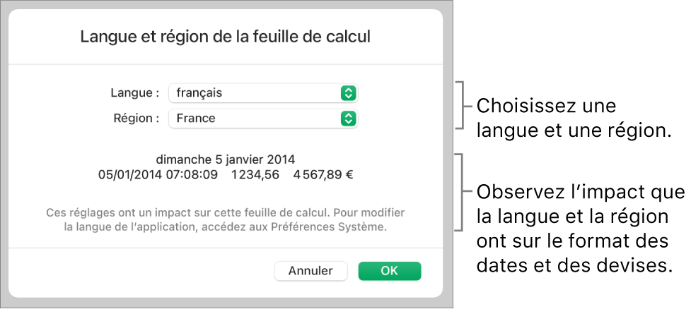 La sous-fenêtre Langue et région présentant des commandes de langue et de région, ainsi qu’un exemple de mise en forme comprenant date, heure, affichage des décimales et devise.