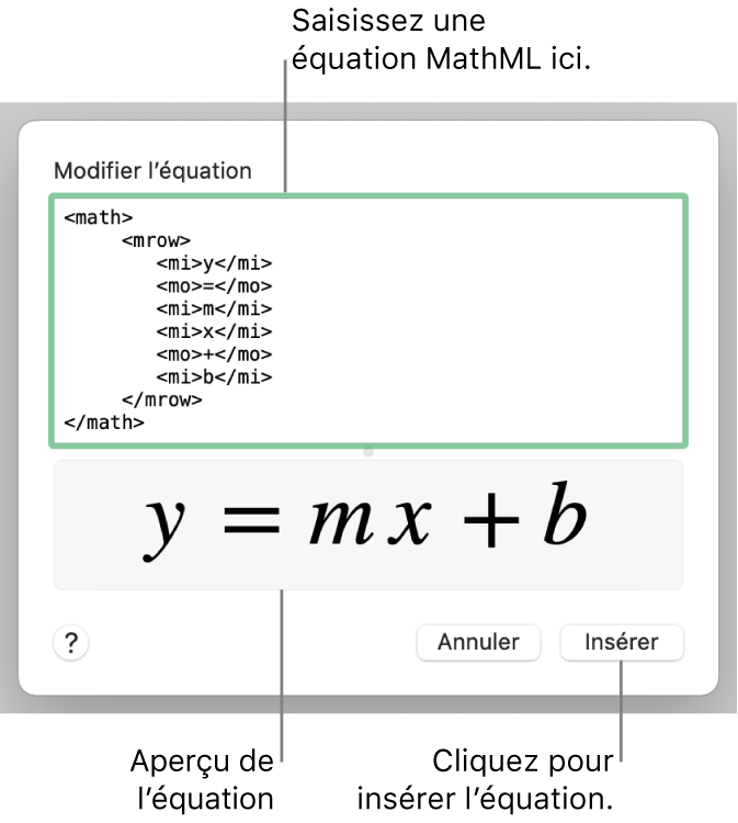 Équation de la pente d’une droite dans le champ Modifier l’équation et aperçu de la formule en dessous.