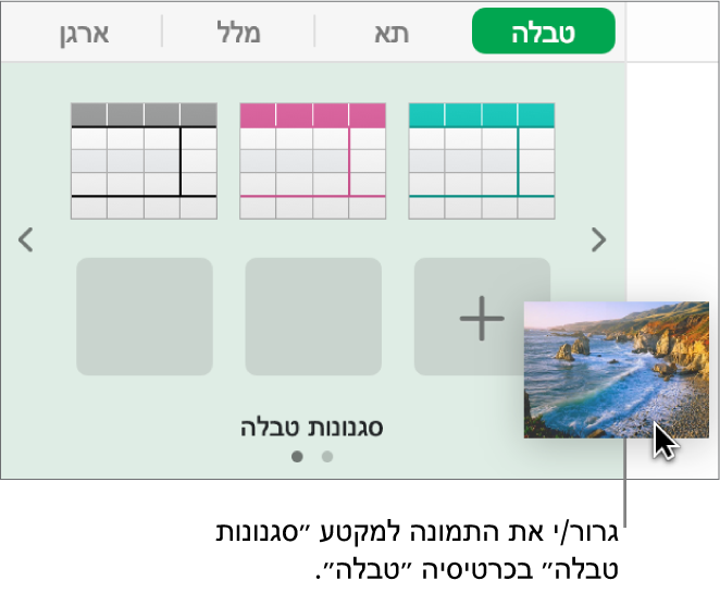 גרירת תמונה לסגנונות הטבלה כדי ליצור סגנון חדש.