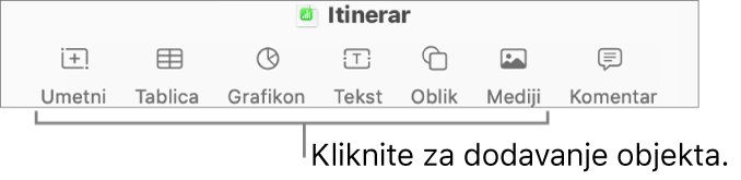 Prozor aplikacije Numbers s oblačićima na tipke objekta na alatnoj traci.