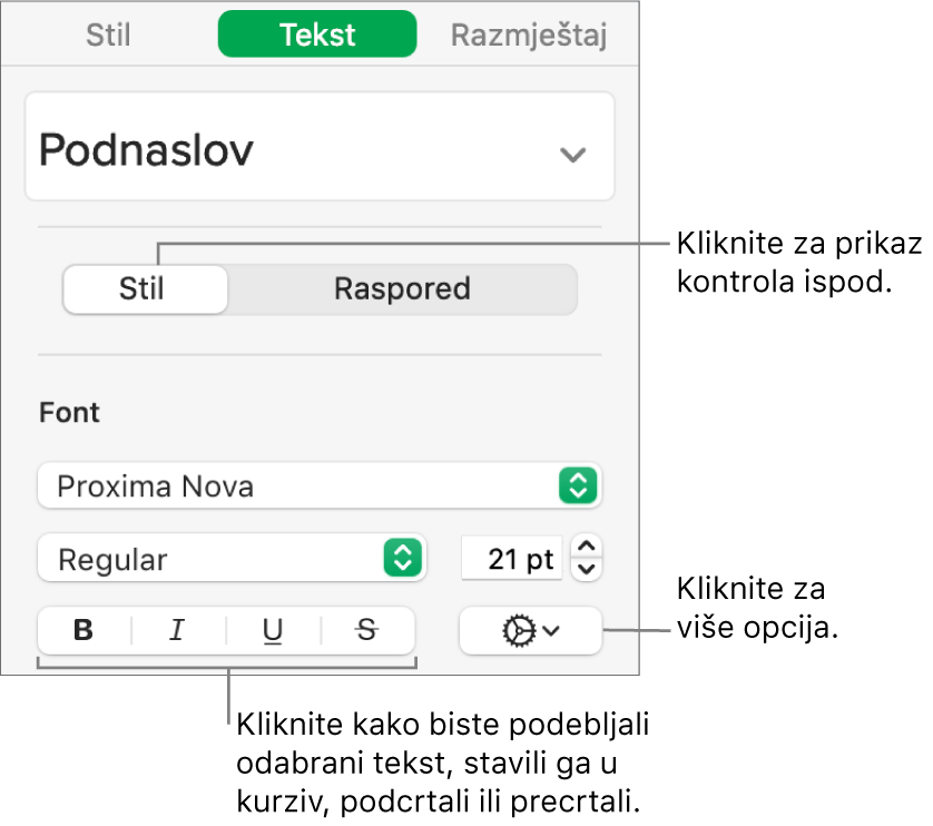 Kontrole Stila u rubnom stupcu s balončićima za tipke Podebljano, Kurziv, Podcrtano i Precrtano.