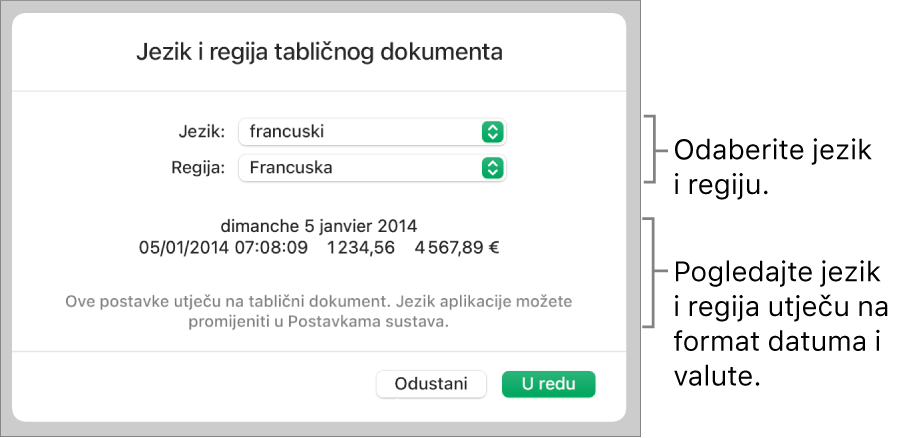 Prozor Jezik i regija s kontrolama za jezik i regiju te primjer formatiranja uključujući datum, vrijeme, decimalu i valutu.