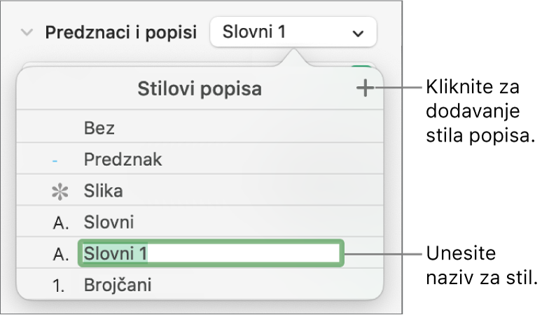 Skočni izbornik Stilovi popisa s tipkom Dodaj u gornjem desnom kutu i nazivom stila držača mjesta s odabranim tekstom.