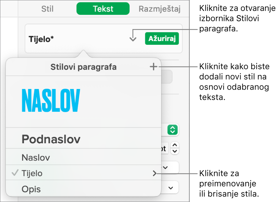 Izbornik Stilovi paragrafa s prikazanim kontrolama za dodavanje ili promjenu stila.