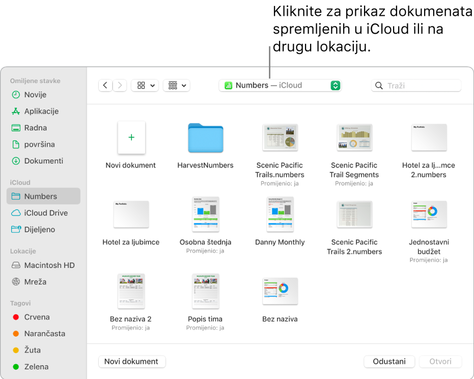 Dijaloški okvir Otvori s otvorenim rubnim stupcem na lijevoj strani i iCloud Drive odabran u skočnom izborniku na vrhu. Mape za aplikacije Keynote, Numbers i Pages pojavljuju se u dijaloškom okviru uz tipku Novi dokument.