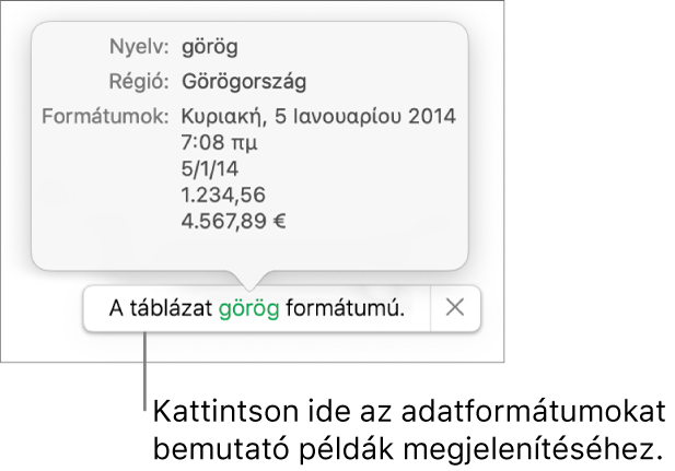 Értesítés az eltérő nyelvi és regionális beállításokról, és látható néhány példa az adott nyelvre és régióra jellemző formátumokra.