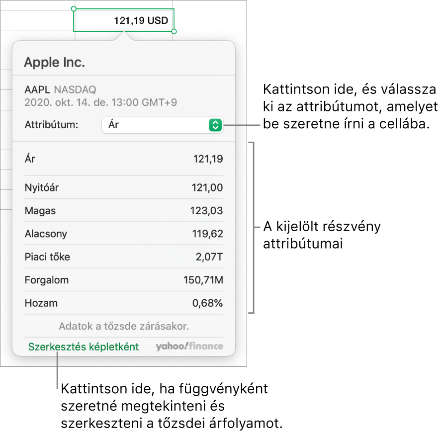 A részvényattribútumokra vonatkozó információk megadására szolgáló párbeszédpanel, amelyen az Apple részvény van kijelölve.