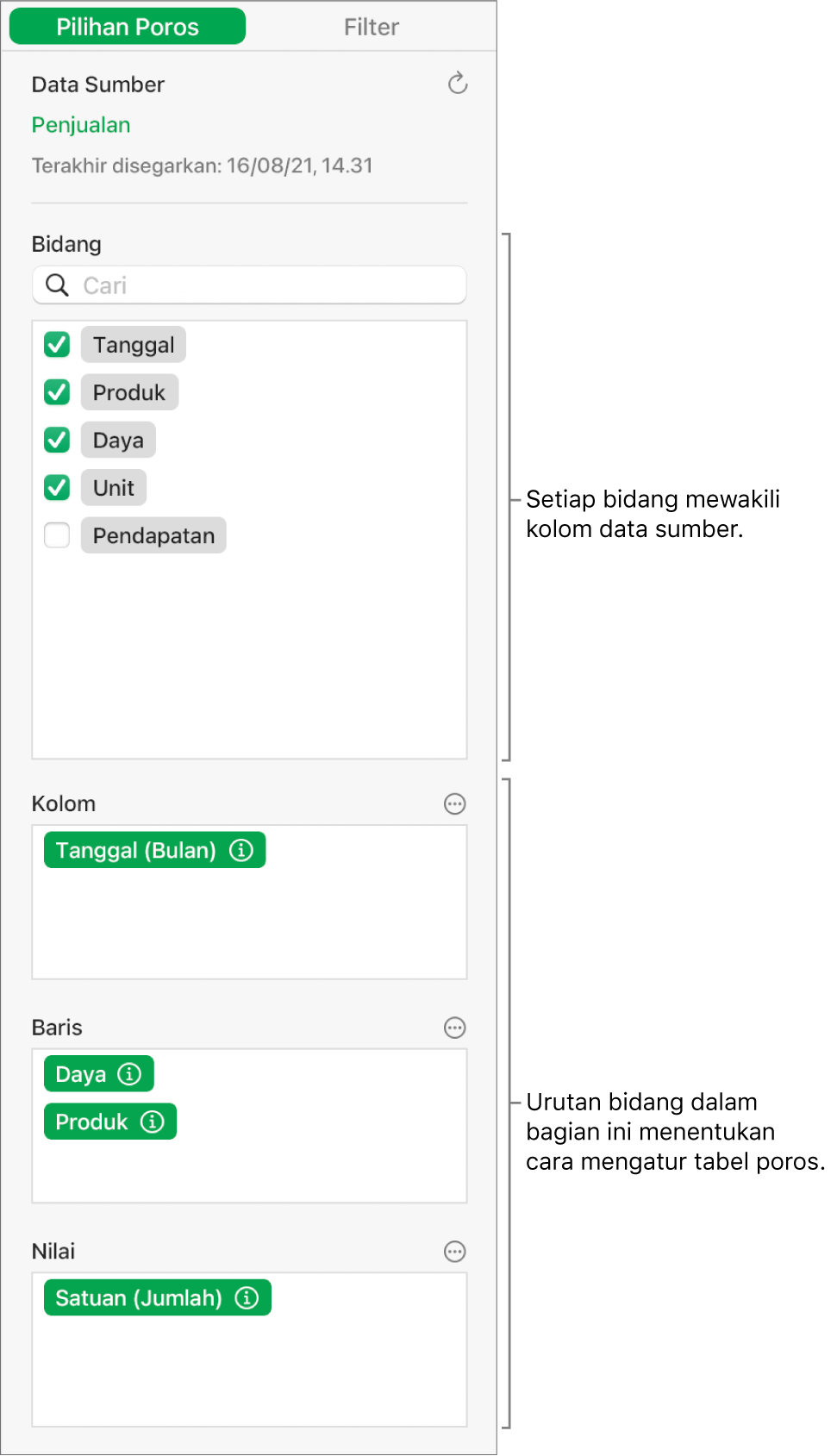 Menu Pilihan Poros menampilkan bidang di bagian Kolom, Baris, dan Nilai, serta kontrol untuk mengedit bidang dan menyegarkan tabel poros.