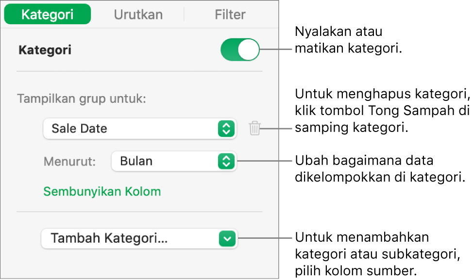 Bar samping kategori dengan pilihan untuk mematikan kategori, menghapus kategori, mengelompokkan ulang data, menyembunyikan kolom sumber, dan menambah kategori.