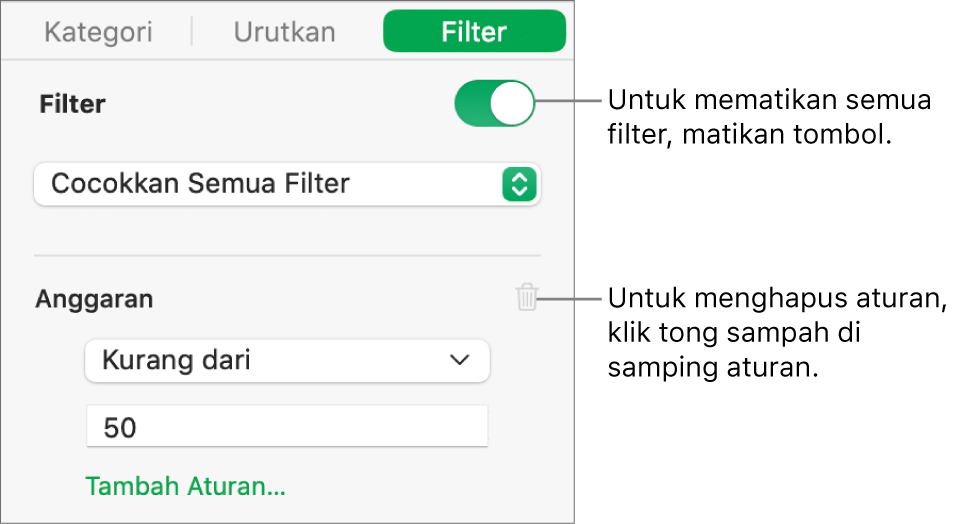 Kontrol untuk menghapus filter atau mematikan semua filter.