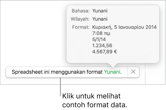 Pemberitahuan pengaturan bahasa dan wilayah yang berbeda, menunjukkan contoh format dalam bahasa dan wilayah tersebut.