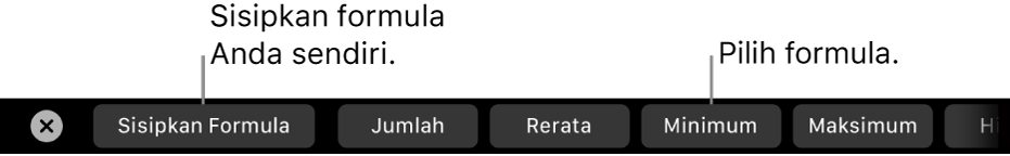 Touch Bar MacBook Pro dengan kontrol untuk menyisipkan formula Anda sendiri dan memilih formula yang umum digunakan.