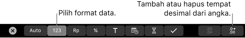 Touch Bar MacBook Pro dengan kontrol untuk memilih format data dan menambah atau menghapus tempat desimal untuk angka.