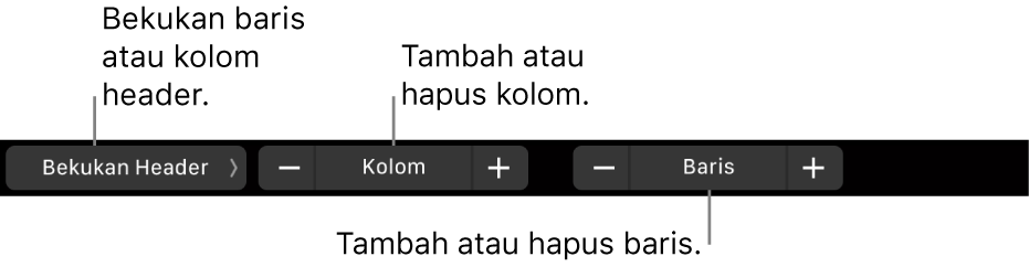 Touch Bar MacBook Pro dengan kontrol untuk membekukan baris atau kolom header, menambah atau menghapus kolom, dan menambah atau menghapus baris.