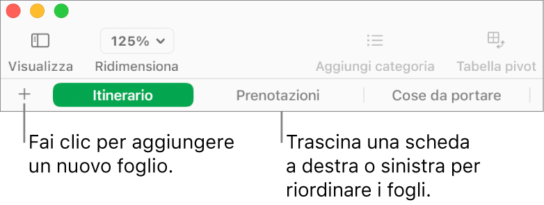 Barra dei pannelli per aggiungere un nuovo foglio e riorganizzare i fogli.