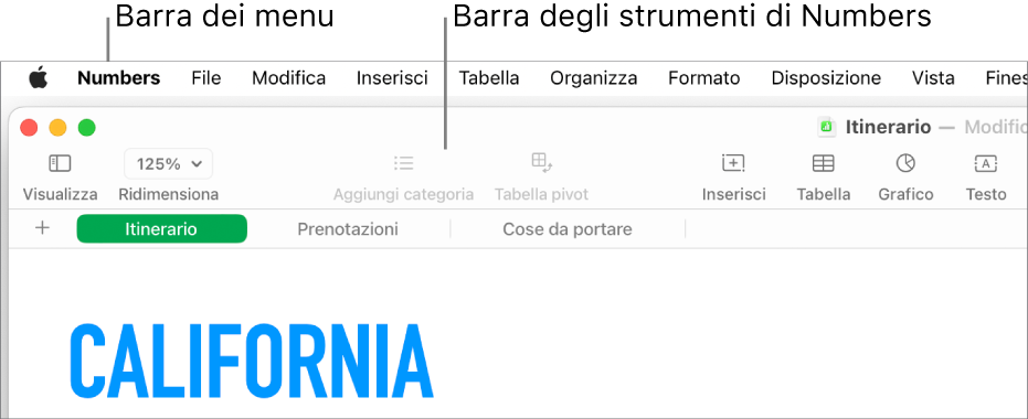 La barra dei menu nella parte superiore dello schermo con i menu Apple, Numbers, File, Modifica, Inserisci, Tabella, Organizza, Formato, Disposizione, Visualizza, Finestra e Aiuto. Sotto alla barra dei menu è presente un foglio di calcolo Numbers aperto con i pulsanti della barra strumenti Visualizza, Ridimensiona, “Aggiungi categoria”, “Tabella pivot”, Inserisci, Tabella, Grafico e Testo.