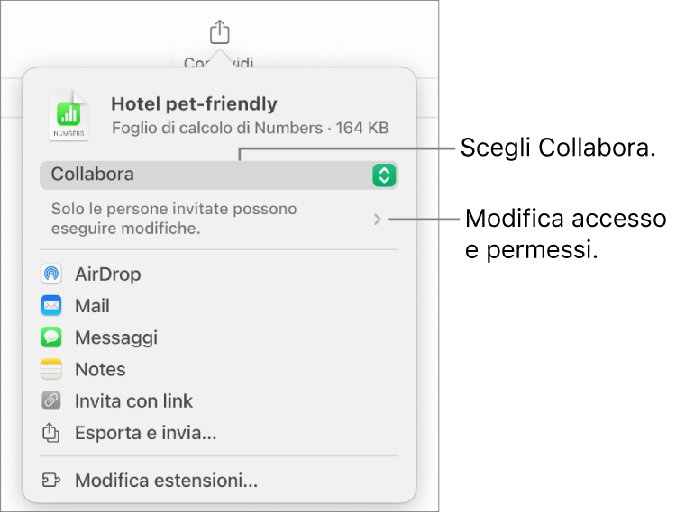 Il menu di condivisone con l’opzione Collabora selezionata in alto e le impostazioni di accesso e dei permessi sotto.
