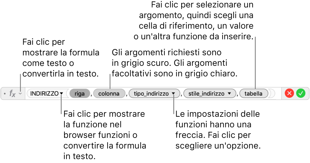 “Editor formule” con la funzione INDIRIZZO e i token degli argomenti corrispondenti.