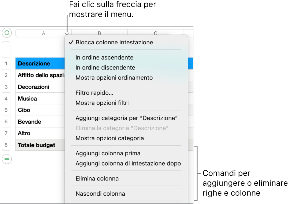 Menu della colonna della tabella con i comandi per aggiungere o eliminare righe e colonne.