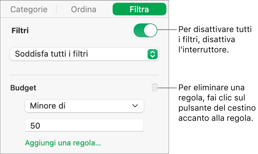 Controlli per l’eliminazione di un filtro o la disattivazione di tutti i filtri.