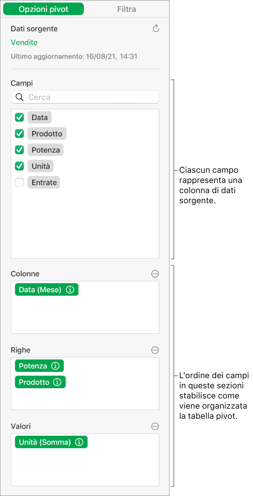Il pannello “Opzioni pivot” nella barra laterale Organizza, che mostra campi nelle sezioni Colonne, Righe e Valori, nonché i controlli per modificare i campi e aggiornare la tabella pivot.
