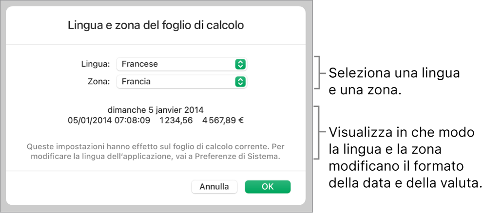 Il pannello Lingua e Zona con i controlli per lingua e zona e un esempio di formato che include data, ora, numeri decimali e valuta.