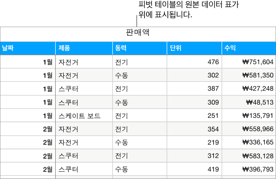 자전거, 스쿠터 및 스케이트보드의 판매량 및 수익을 월별 및 상품 유형(수동 또는 전기)별로 표시하는 소스 데이터 표.