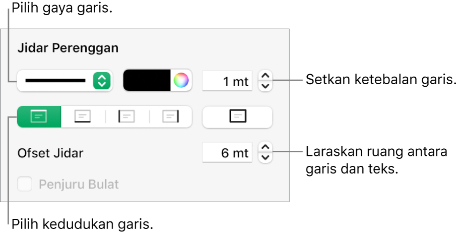 Kawalan untuk menukar gaya garis, ketebalan, kedudukan dan warna.