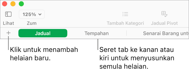 Bar tab untuk menambah helaian baharu dan menyusun semula helaian.