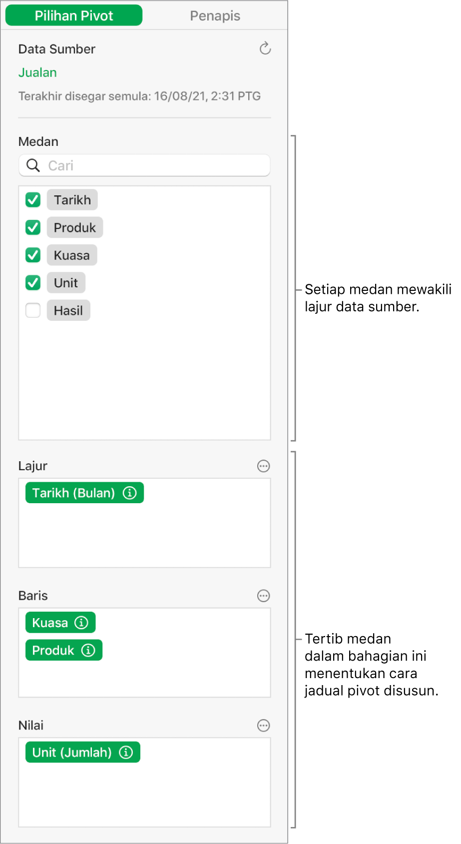 Tab Pilihan Pivot dalam bar sisi Susun, menunjukkan medan dalam bahagian Lajur, Baris dan Nilai, juga kawalan untuk mengedit medan dan menyegar semula jadual pivot.