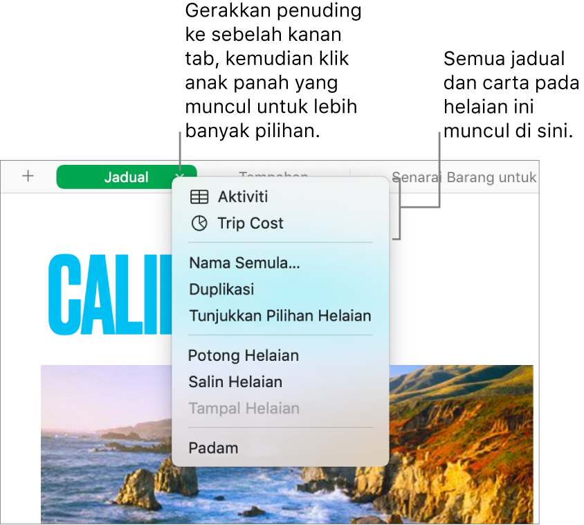 Tab hamparan dengan menu pintasan terbuka, menunjukkan pilihan termasuk Duplikasi.