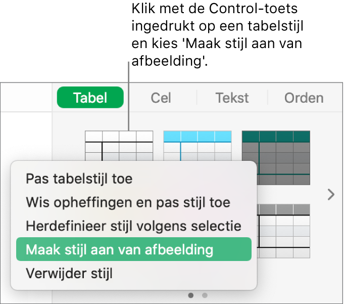 Het contextuele menu voor tabelstijlen.