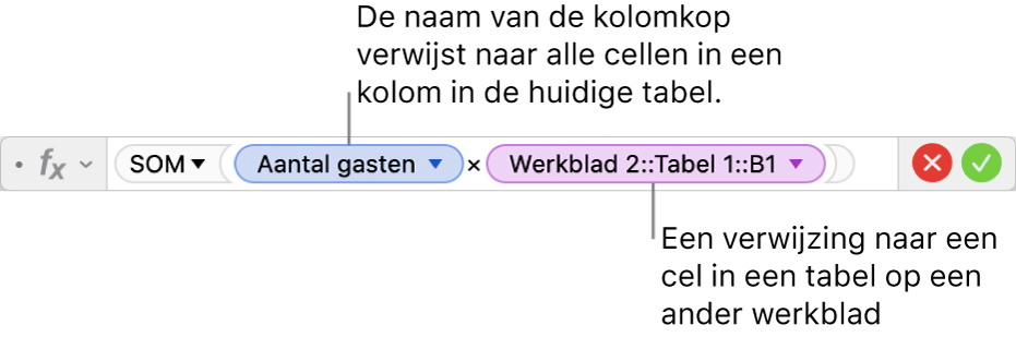 De formule-editor met een formule die verwijst naar een kolom in de ene tabel en een cel in een andere tabel.