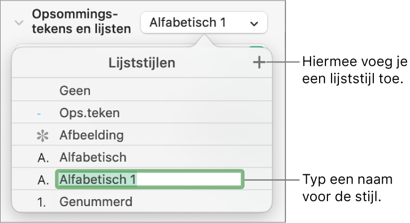 Het pop‑upmenu 'Lijststijlen' met een plusknop in de rechterbovenhoek en een tijdelijke stijlnaam waarvan de tekst geselecteerd is.