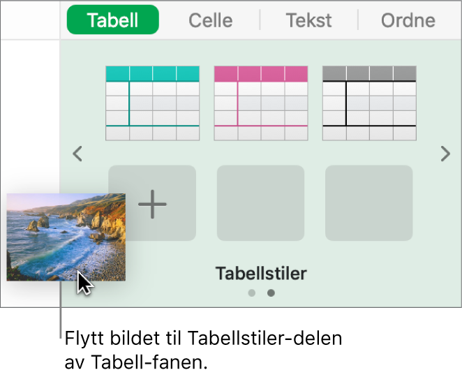 Et bilde flyttes til tabellstilene for å opprette en ny stil.