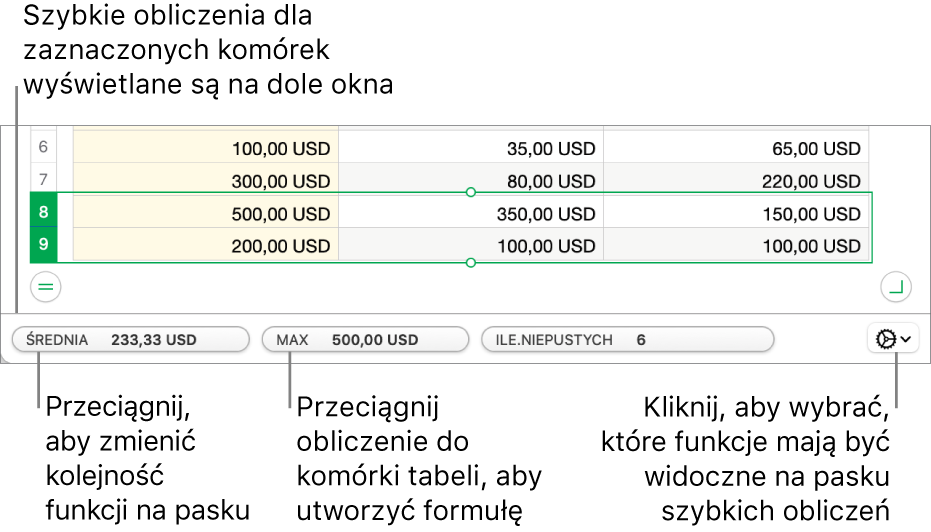 Przeciągnij, aby zmienić kolejność funkcji. Przeciągnij obliczenie do komórki tabeli, aby je dodać. Kliknij w menu funkcji, aby zmienić zestaw wyświetlanych funkcji.