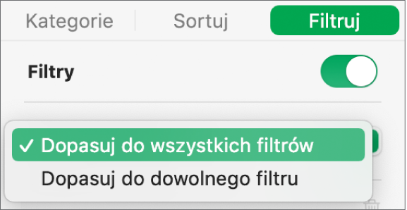 Menu podręczne, pozwalające wybrać pokazywanie wierszy pasujących do wszystkich filtrów lub do dowolnego filtra.