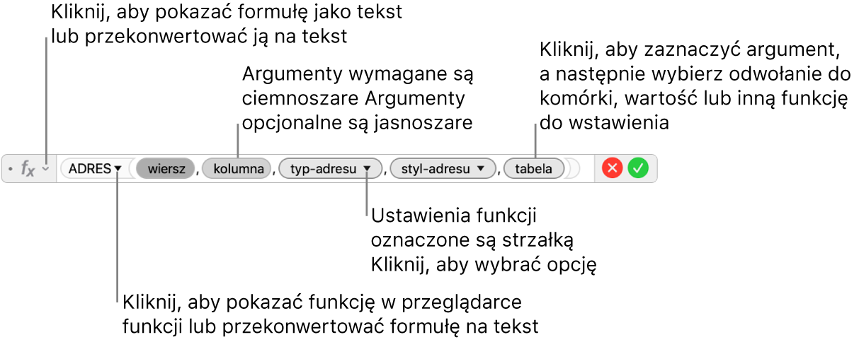 Edytor formuł z funkcją ADRES oraz tokenami jej argumentów.