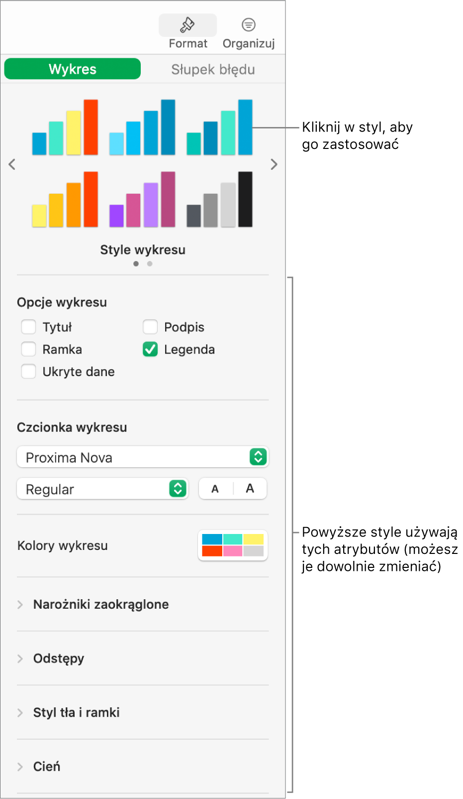 Pasek boczny formatowania zawierający narzędzia formatowania wykresów.