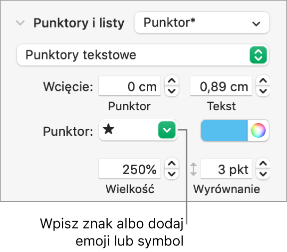 Sekcja Punktory i listy na pasku bocznym Format. Pole Punktor zawiera emoji przedstawiające gwiazdę.