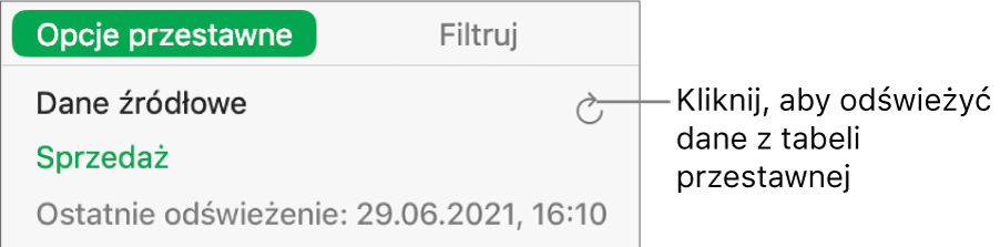 Karta Opcje przestawne pokazująca opcje odświeżania tabeli przestawnej.