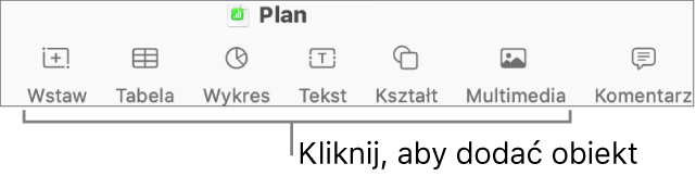 Okno Numbers z objaśnieniami wskazującymi przyciski na pasku narzędzi.