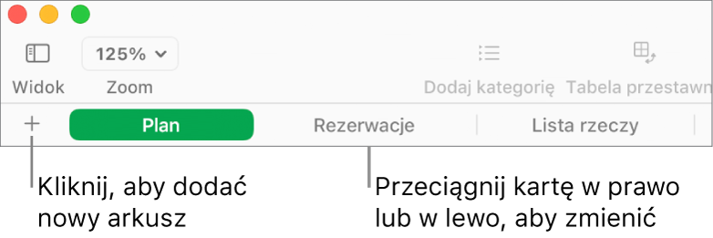 Pasek kart pozwalający na dodawanie nowego arkusza i porządkowanie arkuszy.