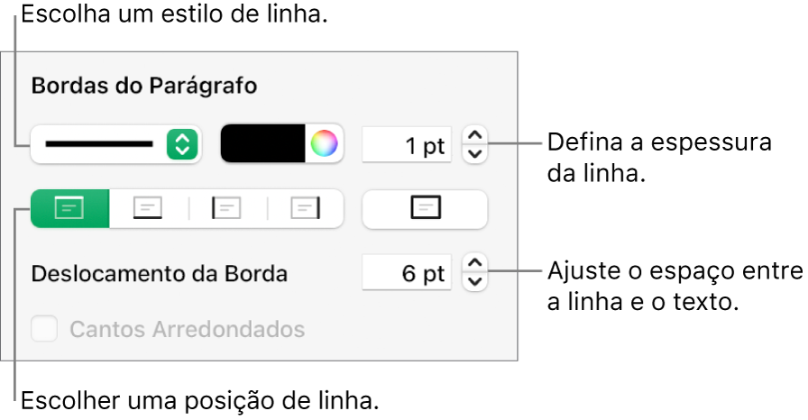 Controles para alterar o estilo, a espessura, a posição e a cor da linha.